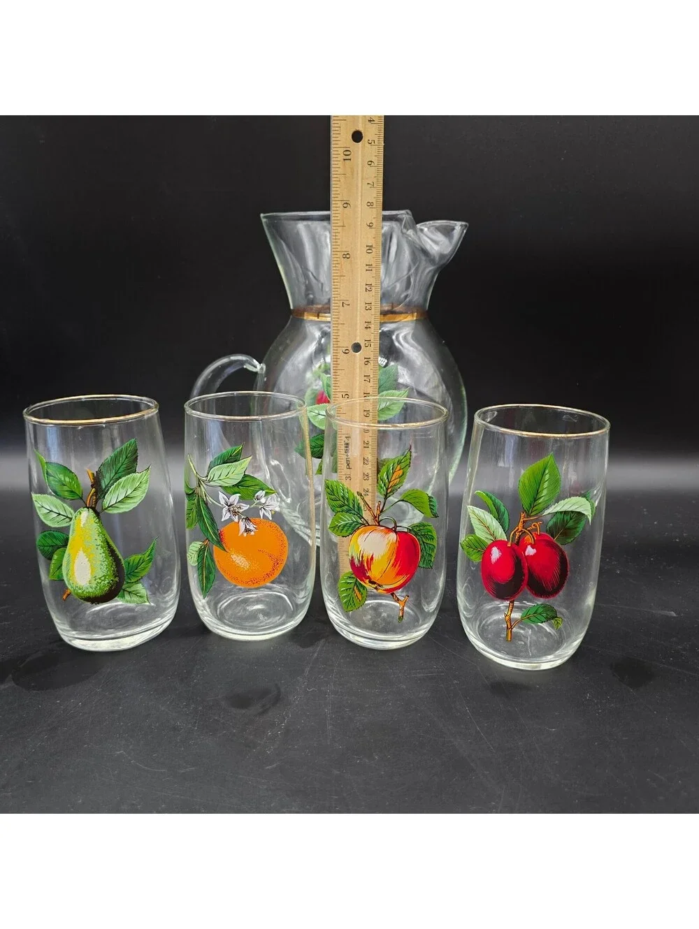Vtg West Virginia Glass Orchard Fruit Pitcher 4 Tumblers Salt Pepper Shakers